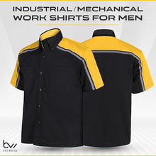 Load image into Gallery viewer, front and back of black and yellow mechanic work shirts WSM-BKYE