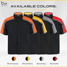 Load image into Gallery viewer, orange, yellow, grey and red on black mechanic work shirts WSM-M