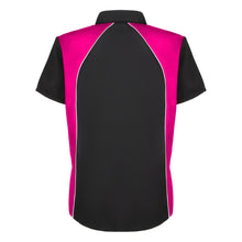 Load image into Gallery viewer, back view of women’s mechanic work shirt in black and fuchsia mws-w-bkfu