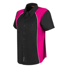 Load image into Gallery viewer, front view of women’s mechanic work shirt in black and fuchsia mws-w-bkfu