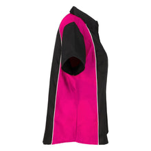 Load image into Gallery viewer, side view of women’s mechanic work shirt in black and fuchsia mws-w-bkfu